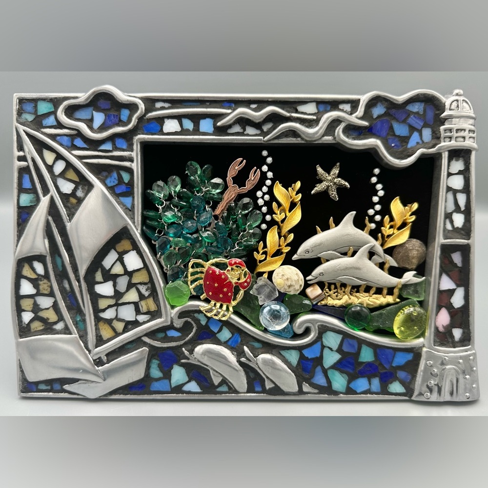 Hand Crafted Ocean Scene Framed Jewelry Art Mosaic Sailboat Frame with Sea Glass